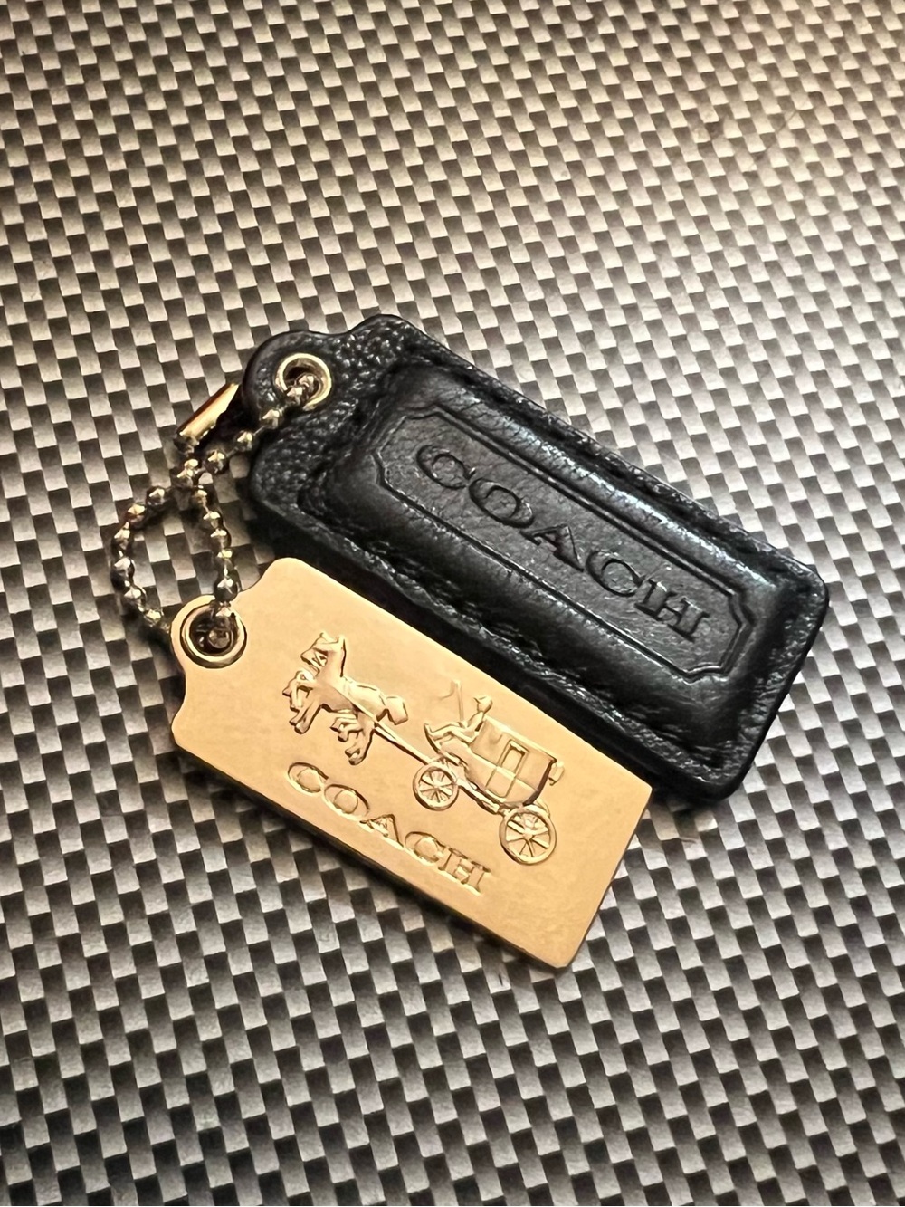 Coach Black Leather hang Tag with Gold Coach hang tag